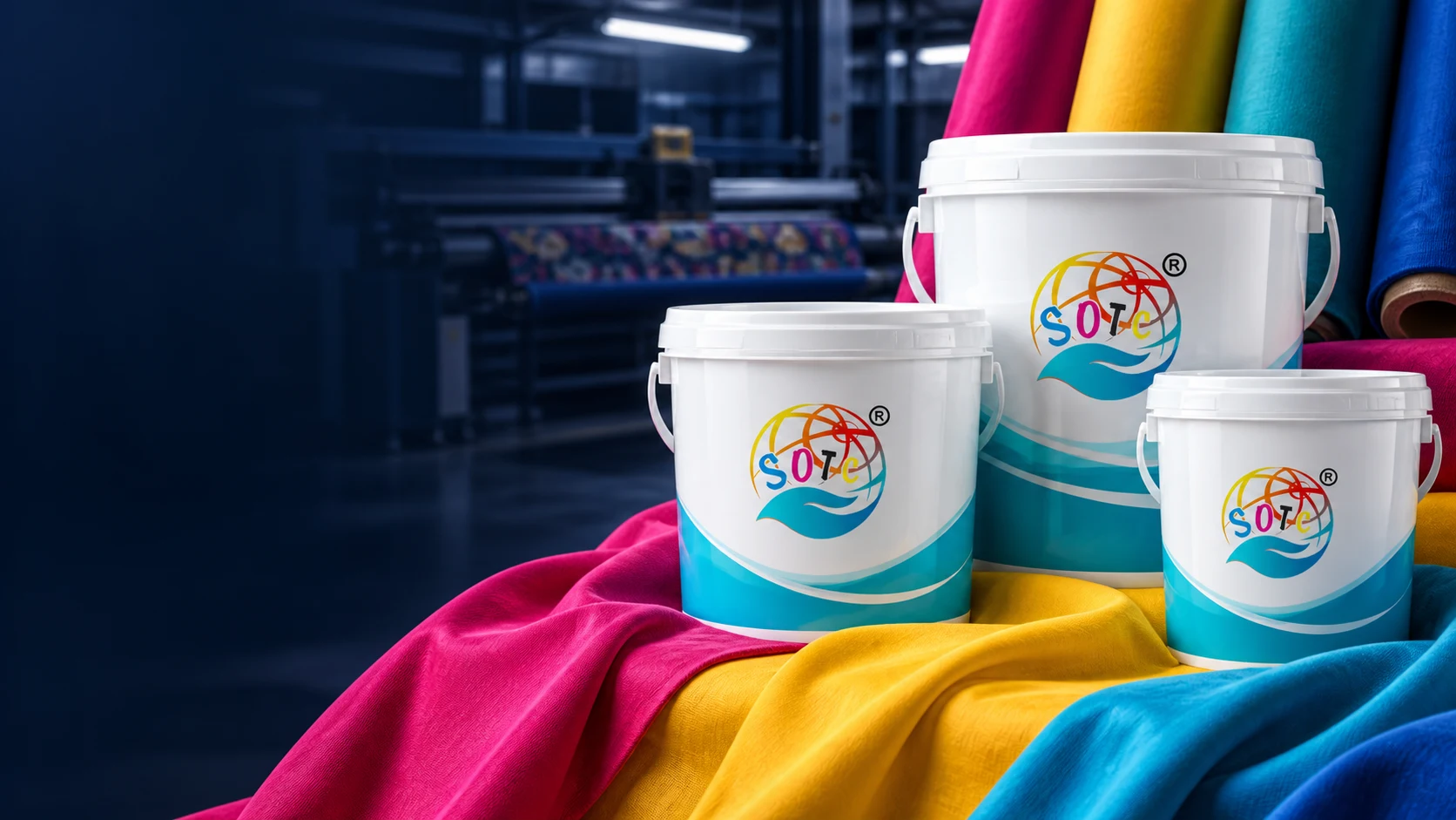 Illustrative SOTC chemical buckets beside colourful textiles in an industrial setting
