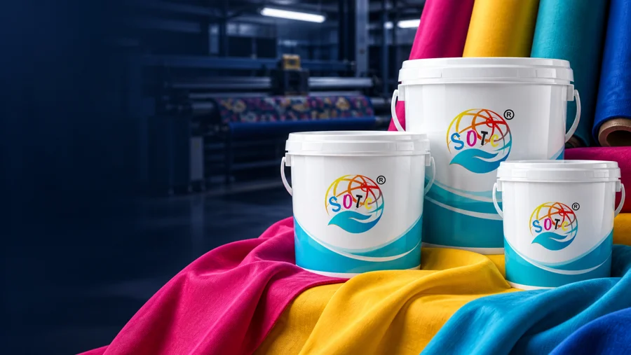 Vibrant textiles and illustrative textile chemical packaging